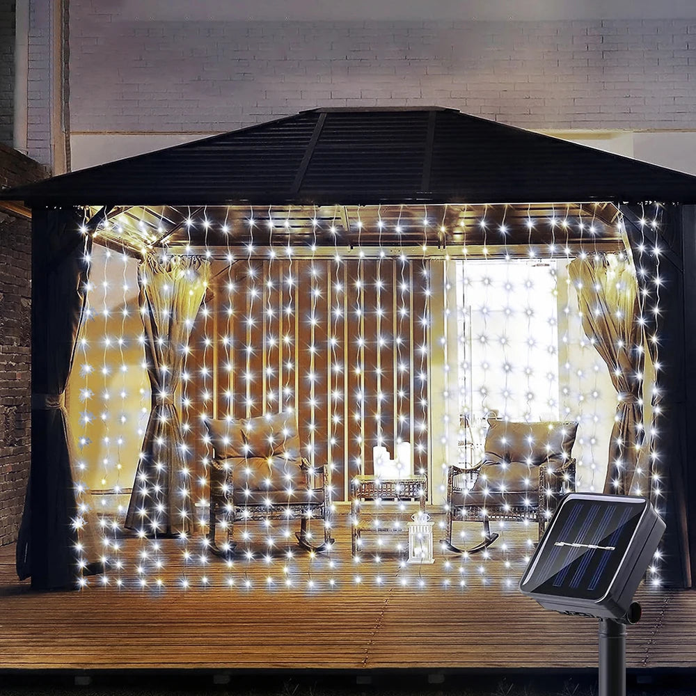 300 LED's Solar Curtain Light, Outdoor Fairy Garland String Lights, 8 Modes