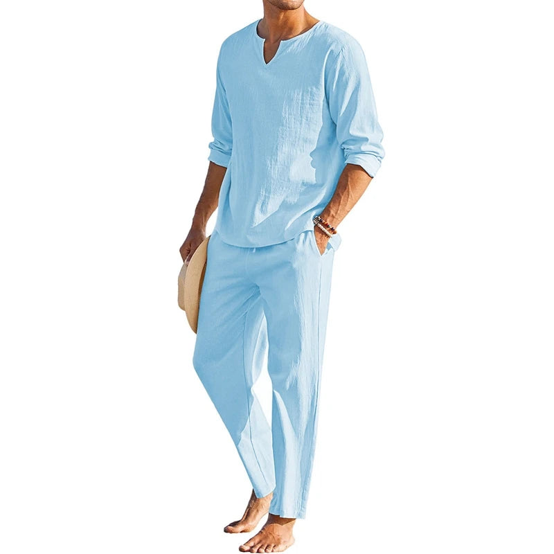 Men s Summer Cotton Linen Henley Shirt, Solid Color, Long Sleeve, Elastic Waist Drawstring Pants 2 Pieces Loungewear Set