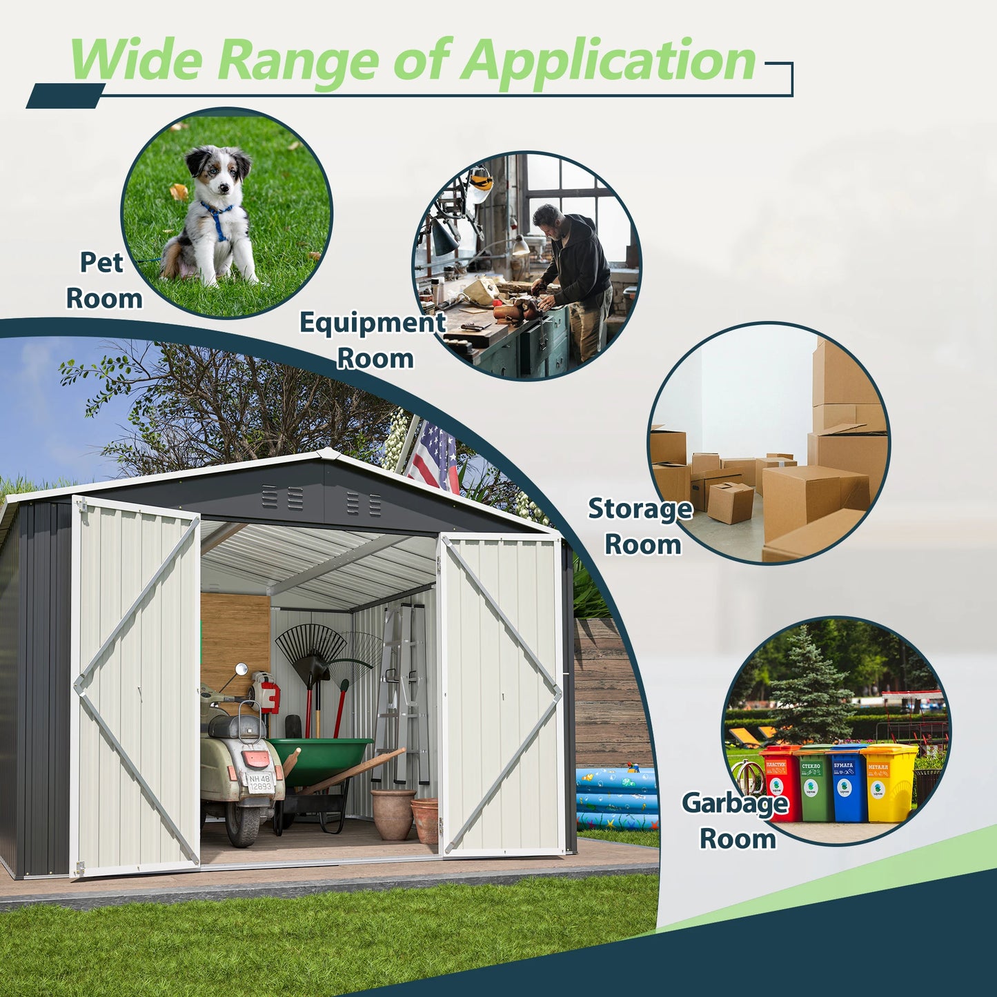Outdoor Metal Storage Shed 10x10 FT with Lockable Doors
