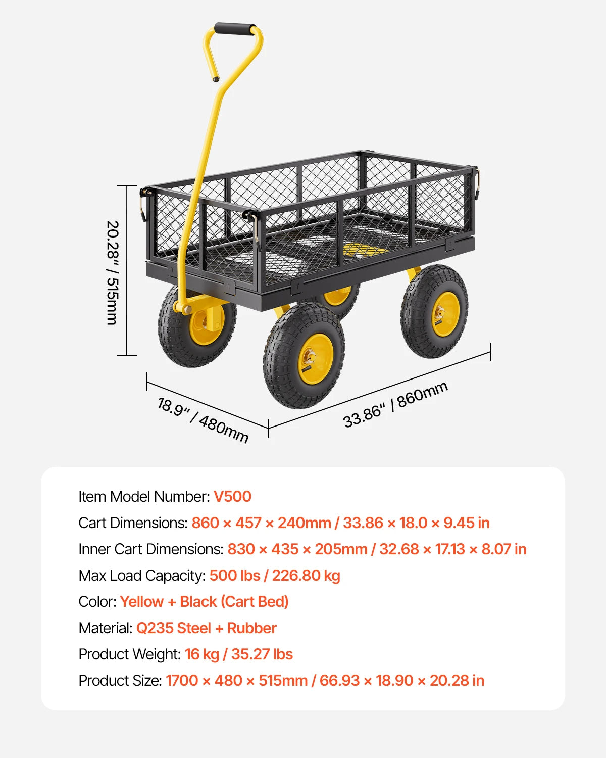 Steel Garden Cart, pullable with all terrain tires, mesh removable sides and rotating handle, 500 lb or 1400 lb capacity