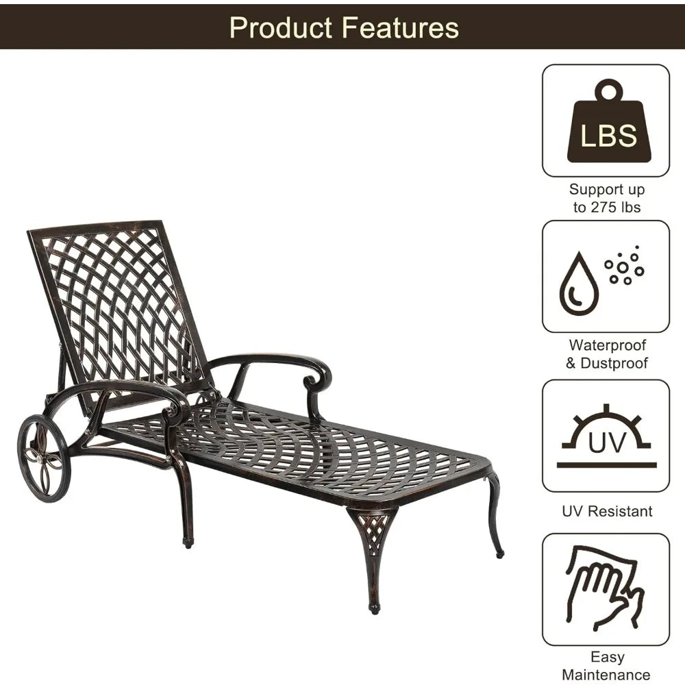 Cast Aluminum Outdoor Chaise Lounge Chair with Wheels, 3-Position Adjustable Backrest