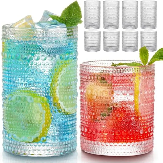 Set of 8 Hobnail Drinking Glasses - 4 Vintage 12 oz Highball, and 4 10 oz Cocktail Glasses for Kitchen, Bar, Beer,  Juice, Cocktails