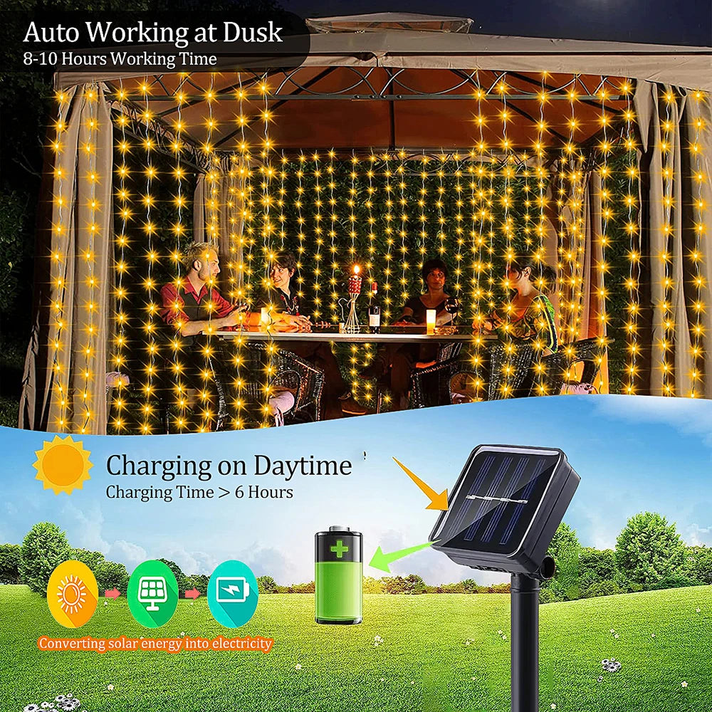 300 LED's Solar Curtain Light, Outdoor Fairy Garland String Lights, 8 Modes