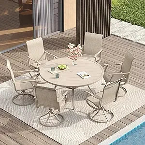 Patio Dining Set for 6, 7 Pieces Includes 53" Round Patio Table with Umbrella Hole and 6 Outdoor Swivel Chairs