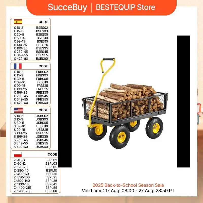 Steel Garden Cart, pullable with all terrain tires, mesh removable sides and rotating handle, 500 lb or 1400 lb capacity