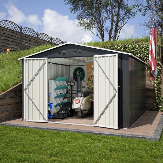 Outdoor Metal Storage Shed 10x10 FT with Lockable Doors