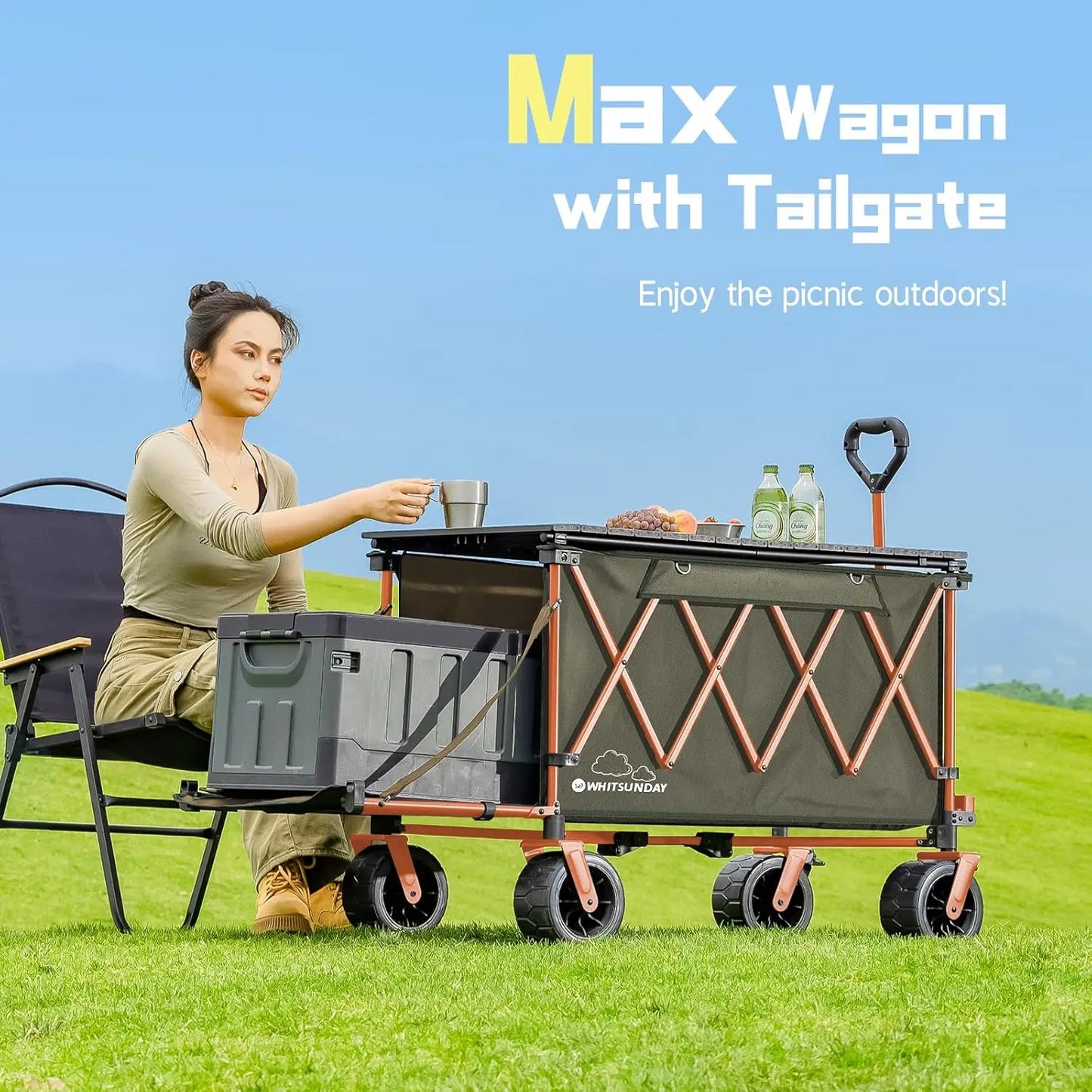 Collapsible Folding Wagon with Table, Heavy Duty Utility Beach Wagons with Opened Tailgate and All Terrain Wheels