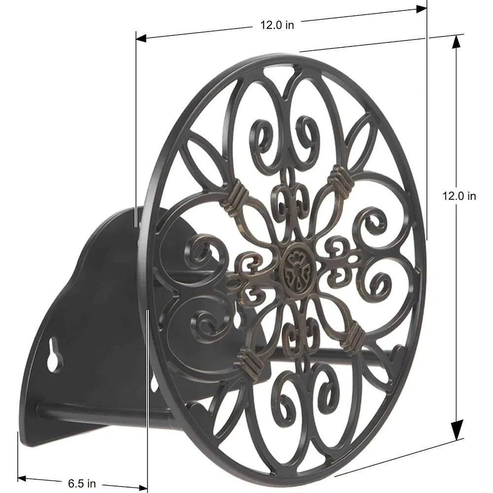 Decorative Wall Mount Hose Holder, 125 Foot Capacity, Non-Rust, Cast Aluminum, Easy Install Keyhole Design