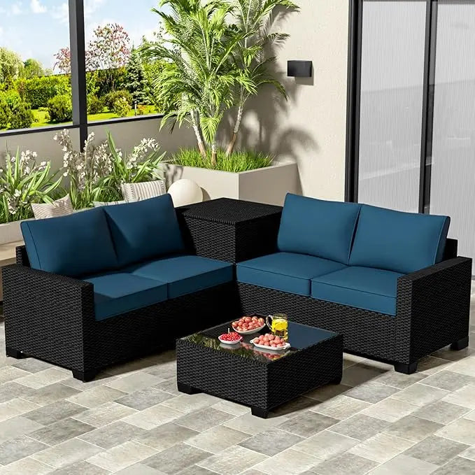 4 Piece Patio Furniture Set with Storage Box, PE Rattan, Tempered Glass